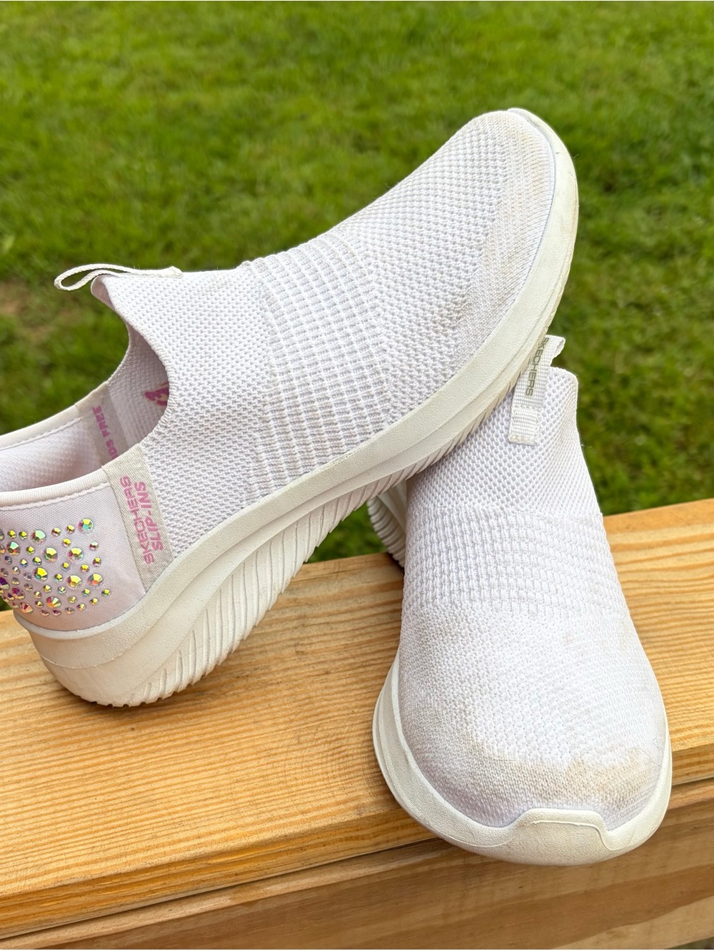 Skechers Women's Slip-On Knit Sneakers in Light Pink with Rhinestone Heel